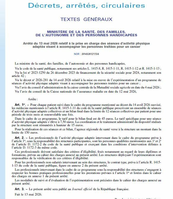 Arrêté du 13 mai 2026 relatif à la prise en charge des séances d’activité physique adaptée