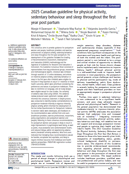 2025 Canadian guideline for physical activity, sedentary behaviour and sleep throughout the first year post partum