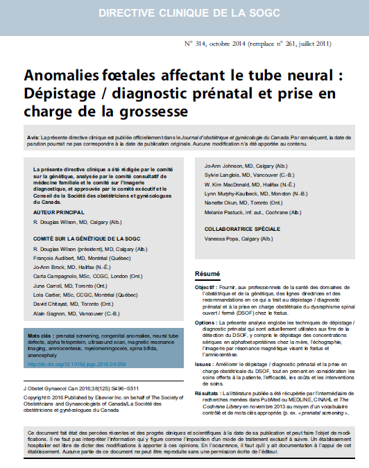 Anomalies fœtales affectant le tube neural : Dépistage / diagnostic prénatal et prise en charge de la grossesse