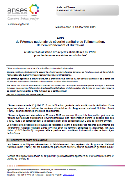 Actualisation des repères alimentaires du PNNS pour les femmes enceintes ou allaitantes1