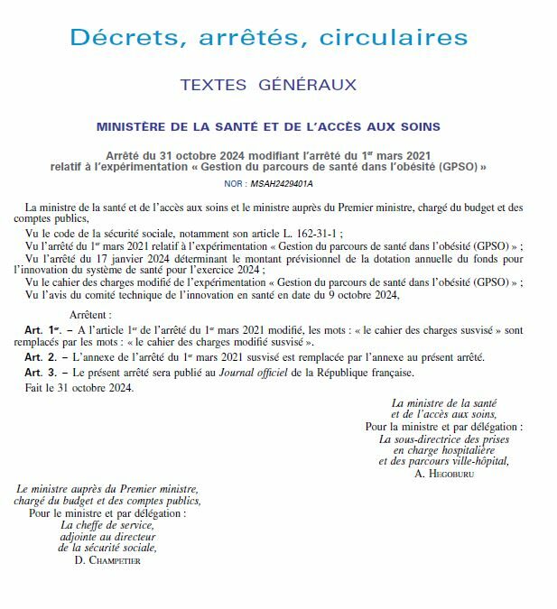 Arrêté du 31/10/24 Gestion du parcours de santé dans l’obésité