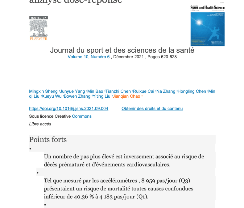 Sport and Health Science : Les relations entre le nombre de pas et la mortalité toutes causes confondues et les événements cardiovasculaires (n°6, décembre 2021)