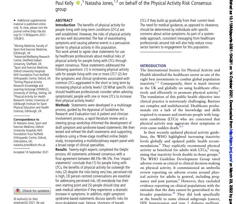 British Journal of Sports Medicine : Benefits outweigh the risks: a consensus statement on the risks of physical activity for people living with long-term conditions (october 2021)