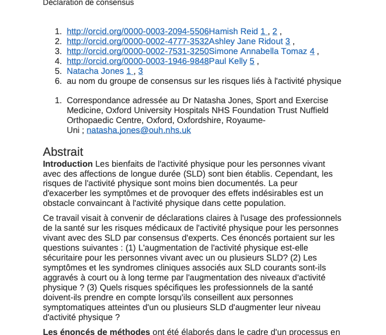 British Journal of Sports Medicine : Les avantages l’emportent sur les risques, une déclaration consensuelle sur les risques de l’activité physique pour les personnes vivant avec des maladies de longue durée (octobre 2021)