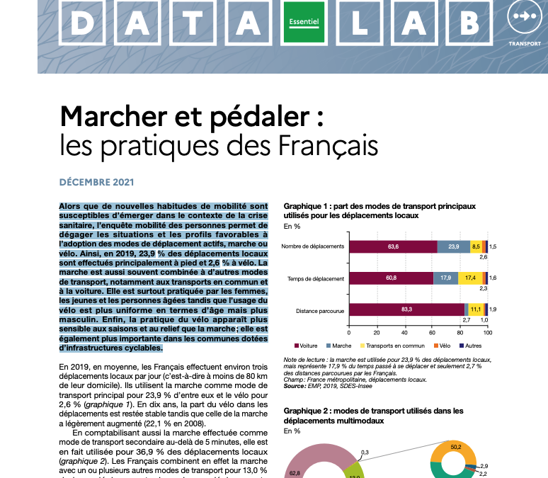 Ministère : Marcher et pédaler, les pratiques des Français (Data Lab, Ministère de la Transition Ecologique – Décembre 2021)