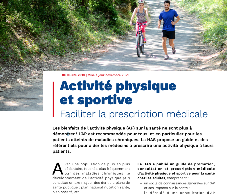 HAS : Activité physique et sportive – Faciliter la prescription médicale (Novembre 2021, 4 pages)