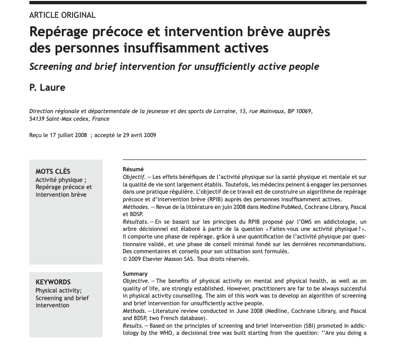 Repérage précoce et intervention brève auprès des personnes insuffisamment actives (Laure) – 2009