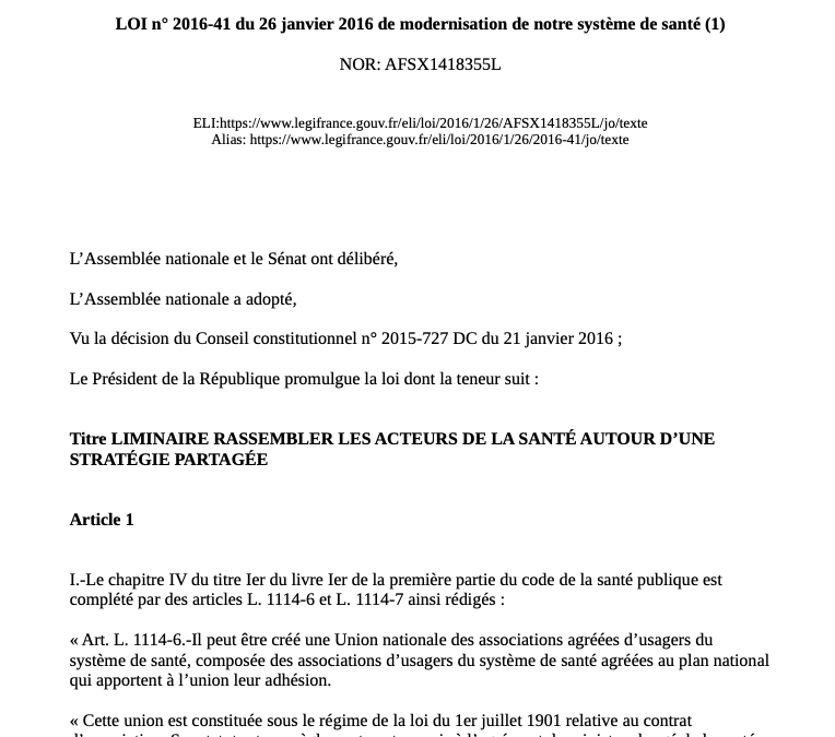 Loi n° 2016-41 du 26 janvier 2016 de modernisation de notre système de santé