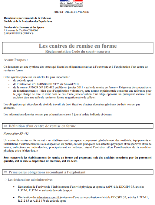 Les centres de remise en forme, réglementation du Code du Sport, février 2013