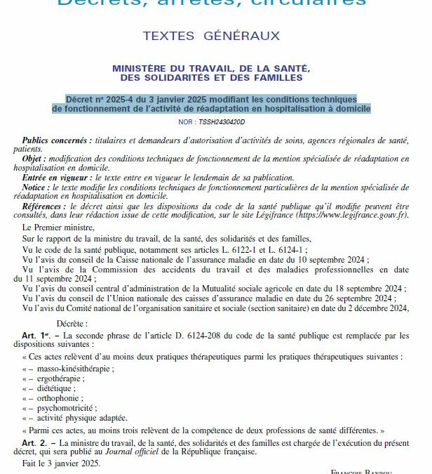 Décret no 2025-4 du 3 janvier 2025 modifiant les conditions techniques de fonctionnement de l’activité de réadaptation en hospitalisation à domicile