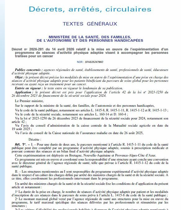 Décret no 2026-281 du 14 avril 2026 relatif à la mise en oeuvre de l’expérimentation d’un programme de séances d’activité physique adaptée