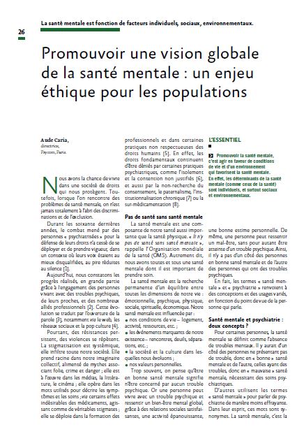 Promouvoir une vision globale de la santé mentale : un enjeu éthique pour les populations