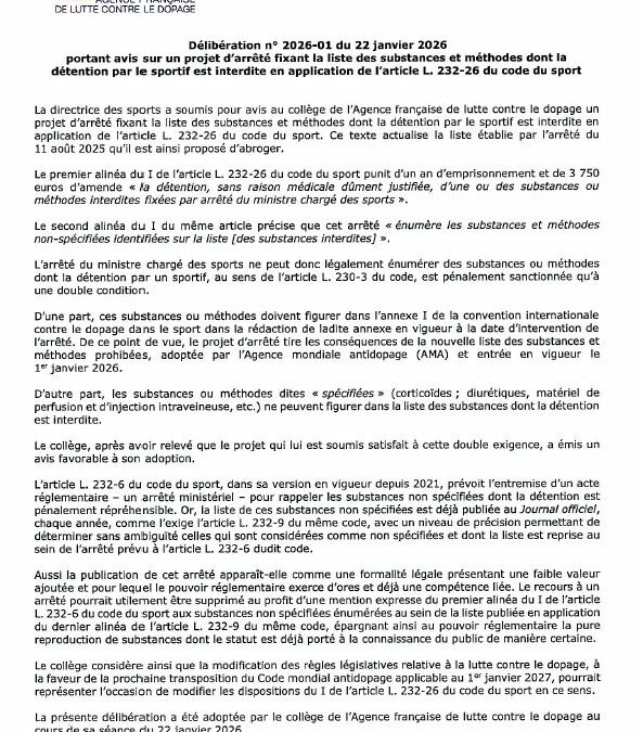Délibération n° 2026-01 du 22 janvier 2026 portant avis sur un projet d&rsquo;arrêté fixant la liste des substances et méthodes