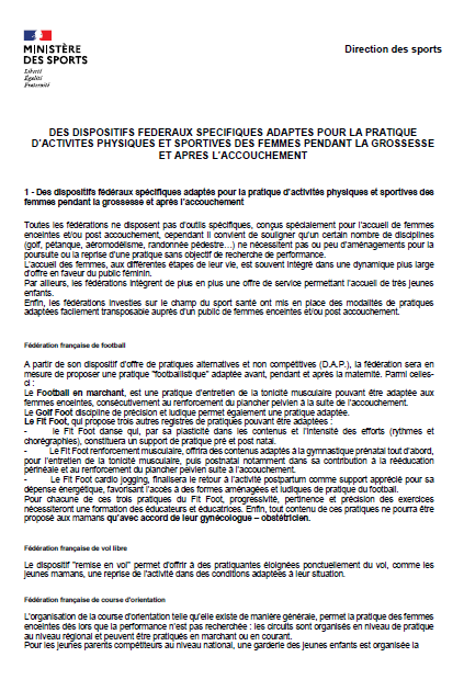 Dispositifs fédéraux spécifiques adaptés pour la pratique d’activités physiques et sportives des femmes pendant la grossesse et après l’accouchement