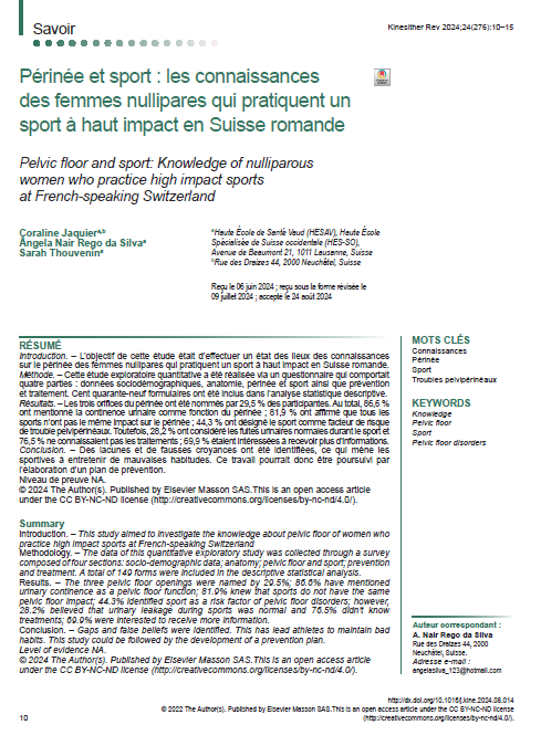 Périnée et sport : les connaissances des femmes nullipares qui pratiquent un sport à haut impact en Suisse romande