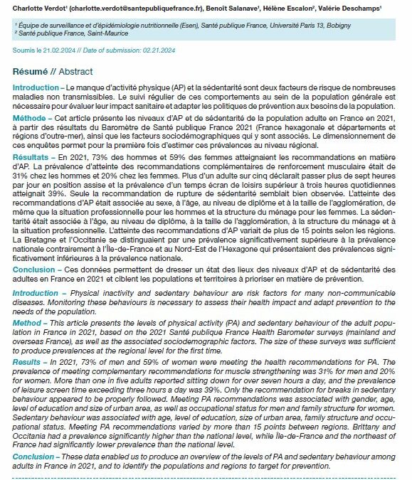 Résultats du baromètre de santé publique 2021 Activité physique des adultes