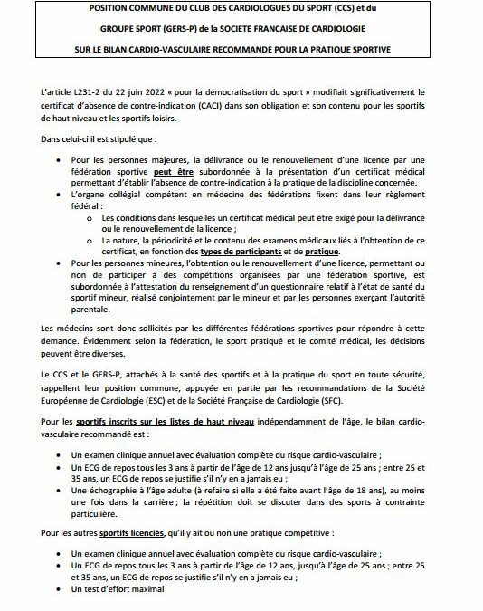 Position du Club des Cardiologues sur le bilan cardiovasculaire recommandé pour la pratique sportive