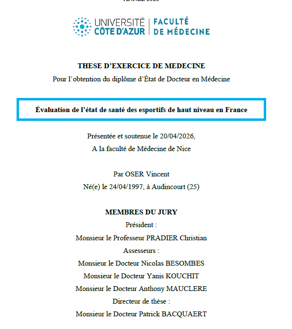 Thèse Évaluation de l’état de santé des esportifs de haut niveau en France, par OSER Vincent